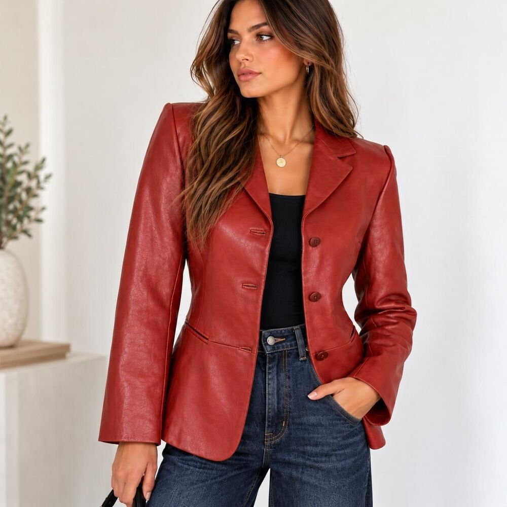 Vintage Y2K Elements by Vakko Rust Red Leather Blazer XS